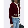 thumbnail image 5 of Women'S Contrast Trim Long Sleeve Button Front V Neck Cardigan Wine Red S, 5 of 6