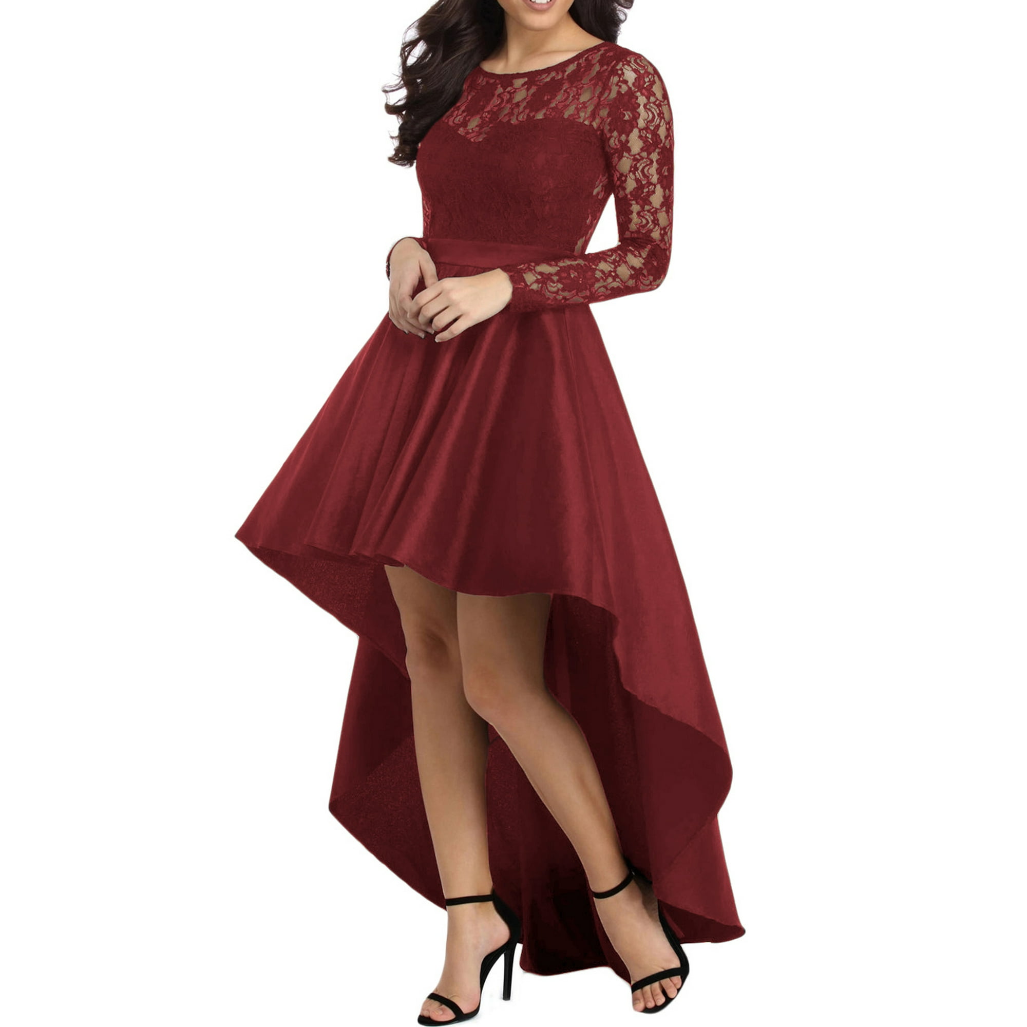 Chicfine Women s Burgundy Long Sleeve Lace High Low Satin Prom Dress Red