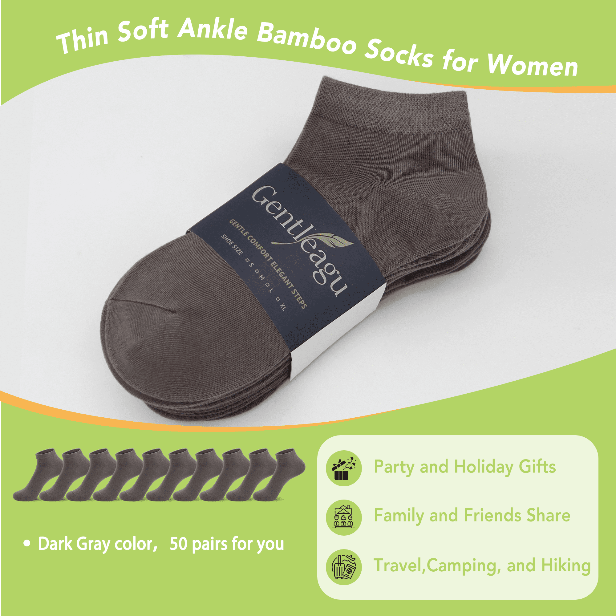 GENTLEAGU Bamboo Viscose Thin Ankle Socks for Women – Soft, Breathable, Anti-Odor – 50 Pairs, Bulk Pack