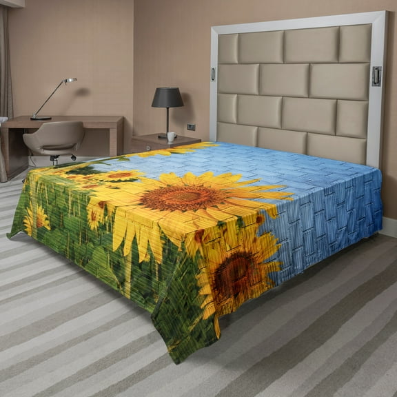Ambesonne Floral Flat Sheet, Sunflowers on the Wall, Queen Size, Yellow Green