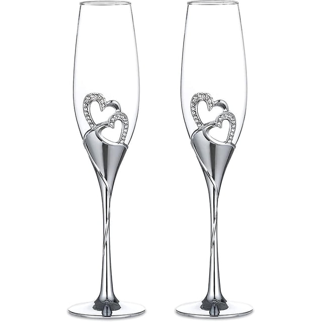 Juego de copas de champán creativas de 2 piezas, copas de cristal de boda, copas de corte de regalo de champán de boda en forma de corazón, plata-- Computadora Computadora Computadora portátil