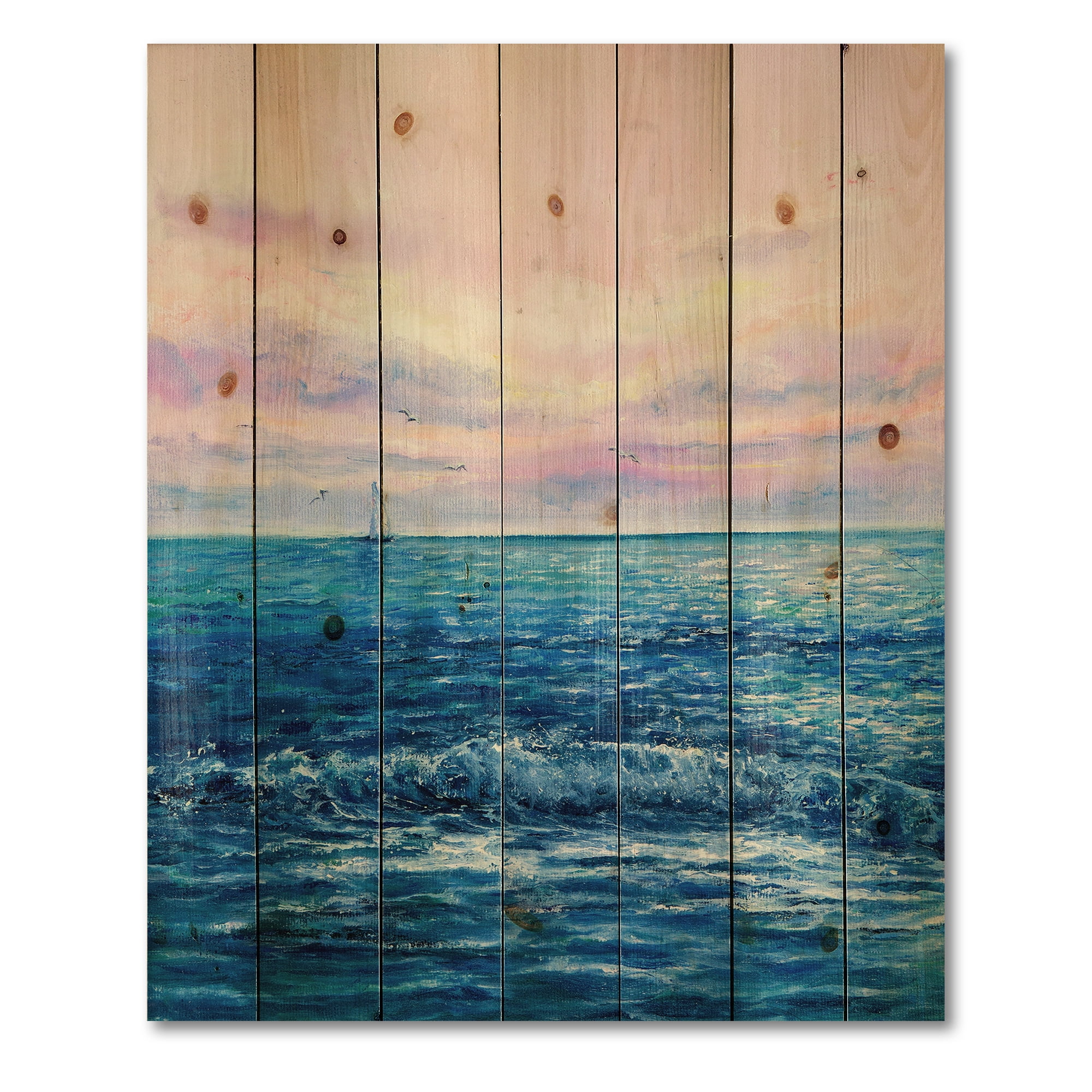 Designart 'Sunrise Glow On The Ocean Waves II' Nautical & Coastal Print on Natural Pine Wood