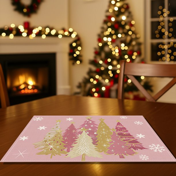 Manteles individuales aislantes con diseño de árbol de Navidad | Manteles festivos con protección térmica | Manteles decorativos de tela verde, roja y rosa