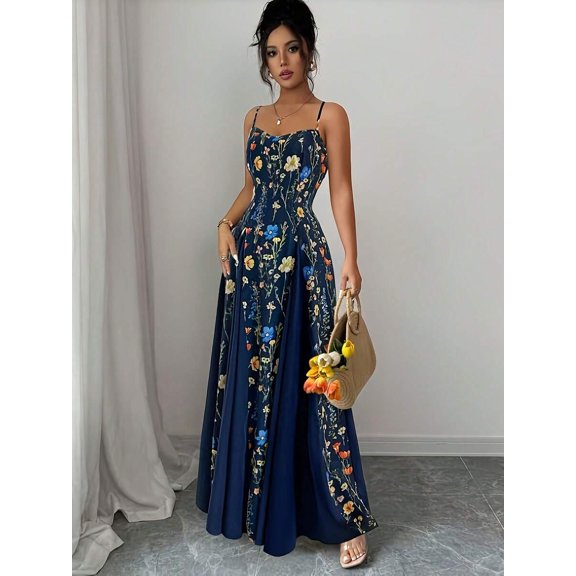 Navy Blue Floral Print Maxi Dress With Spaghetti Straps, Flared Hem, Sleeveless, Backless Detail