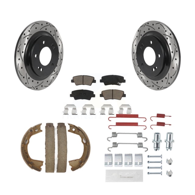 Transit Auto Rear Disc Drilled & Slotted Rotors Ceramic Pads Parking Brake Shoes and Hardware Kit for Car Hyundai Sonata Azera KDC-101649
