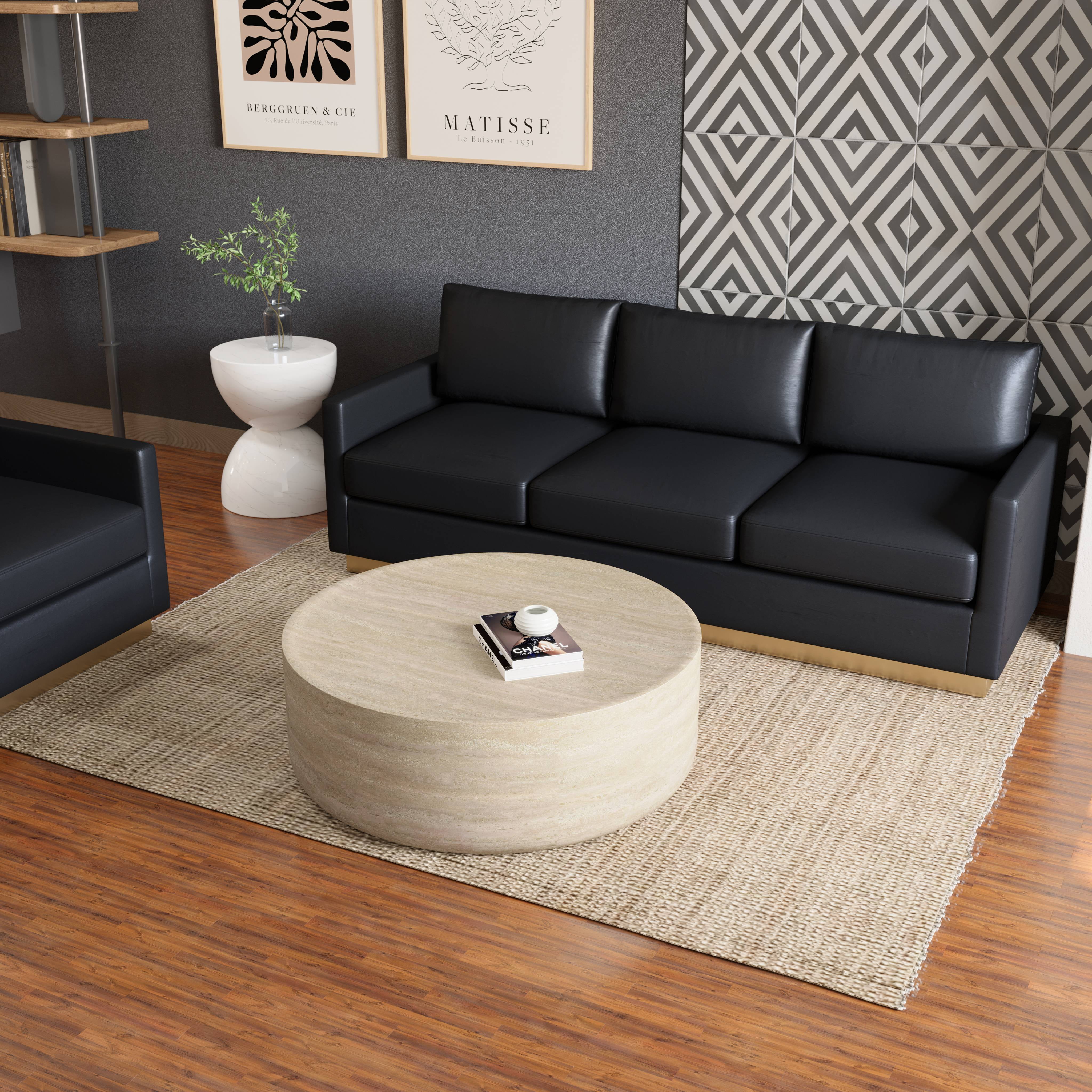 LeisureMod 32 Inches Round Coffee Table in Fiberstone Center Table for Indoor and Outdoor Use No Assembly for Modern Home, Living Room, Offices Sandy Collection, Travertine