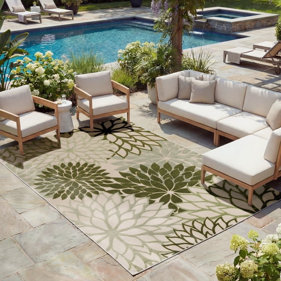 Nourison Aloha Floral 7'10" x 10'6" Ivory Green Tropical Indoor/Outdoor Area Rug