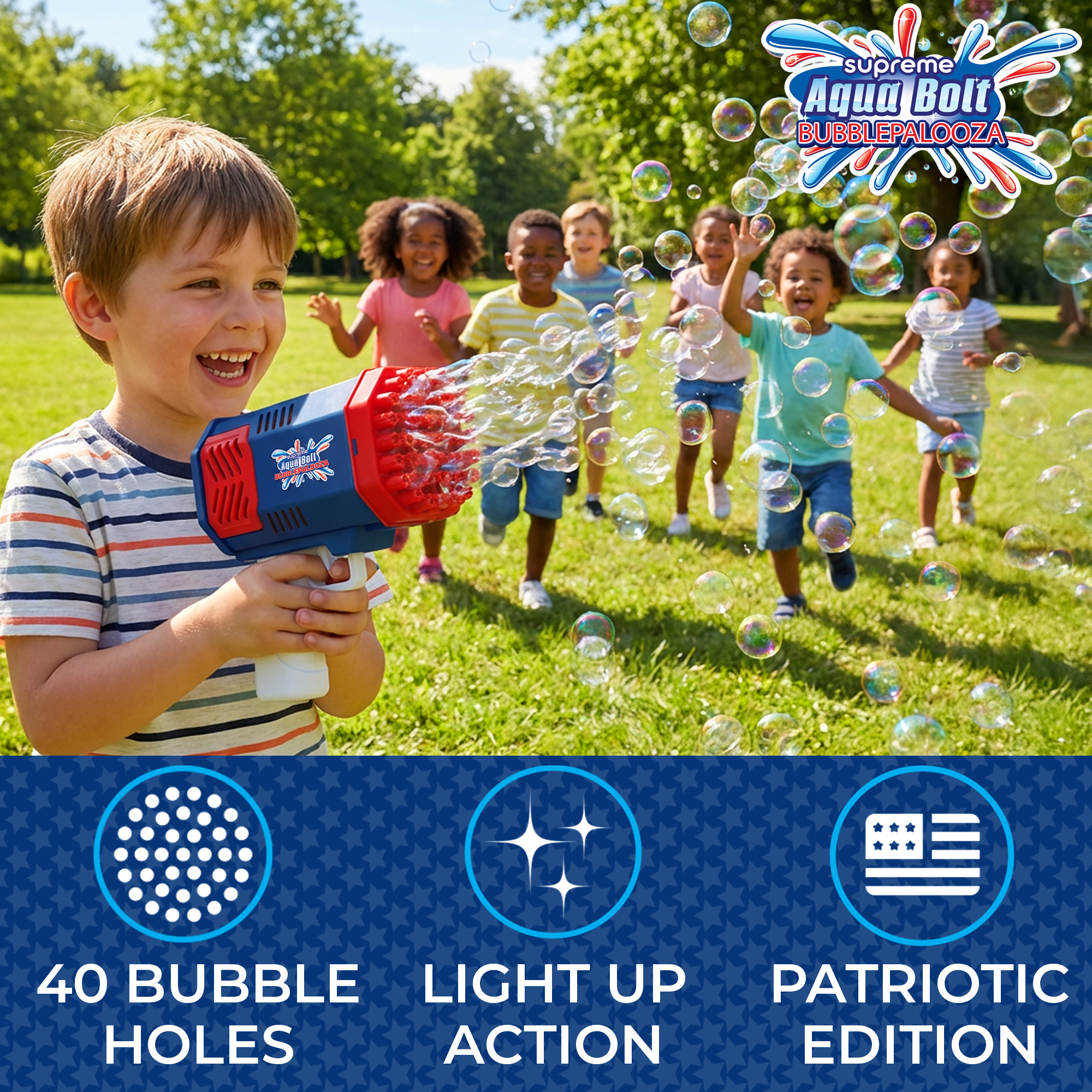 Supreme Aqua Bolt Bubblepalooza, Automatic Bubble Blowing Gun Toy for Kids with LEDs