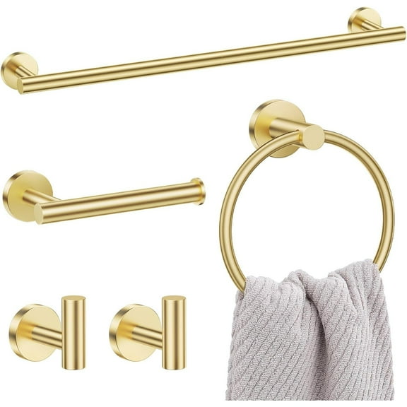 5 Pieces Brushed Gold Bathroom Accessories Set, 23.6 Inch Bath Towel Bar Set,   Stainless Steel Bathroom Hardware Set Round Toilet Paper Holder Set Wall Mounted