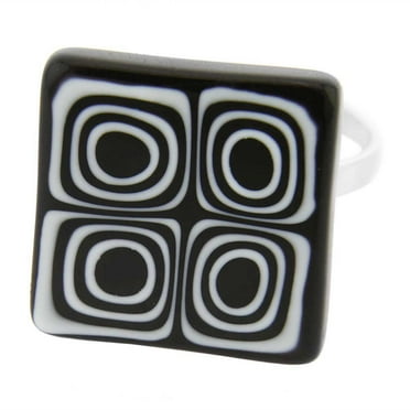 GlassOfVenice Murano Glass Mosaic Millefiori Square Ring - Black and White