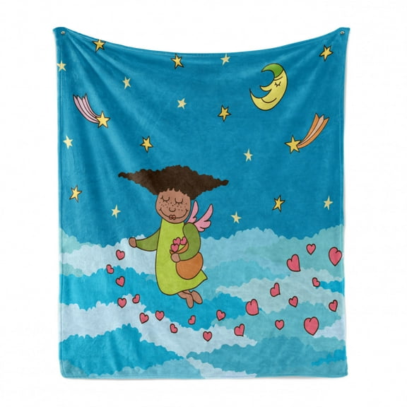 Angel Wings Soft Flannel Fleece Blanket, Kid Angel with Hearts Above Night Clouds Moon Shooting Stars Cartoon, Cozy Plush for Indoor and Outdoor Use, 50" x 60", Sky Blue Yellow Pink, by Ambesonne