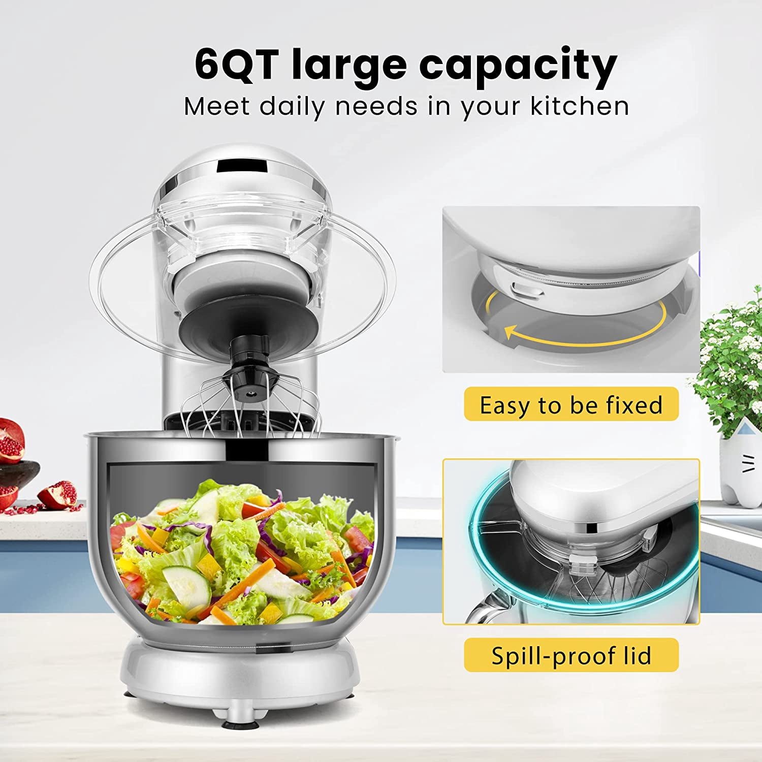 SPECSTAR Stand Mixer, 660W 10 Speed 6 Quart Tilt-Head Kitchen Electric Food Mixer with Beater, Dough Hook, Wire Whip and Egg Separator, Silver