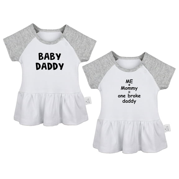 Pack of 2, Daddy Baby Announcement & Me   Mommy = One Broke Daddy Funny Dresses For Baby, Newborn Babies Skirts, Infant Princess Dress, Toddler Frocks (Gray Raglan Dresses, 18-24 Months)