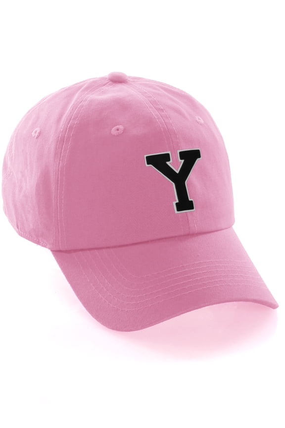 Customized Letter Intial Baseball Hat A to Z Team Colors, Pink Cap White Black Letter Y