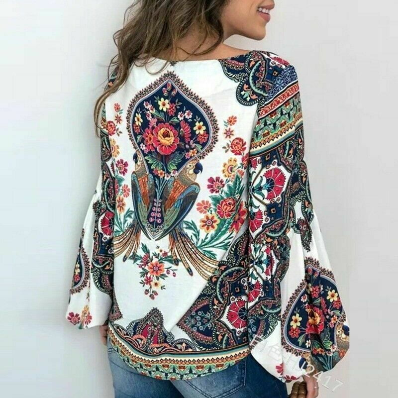 Ladies Boho Floral V-Neck Long Lantern Sleeve Oversize Blouse T Shirt Tops S-3XL Ladies Boho Floral V-Neck Long Lantern Sleeve Oversize Blouse T Shirt Tops S-3XL