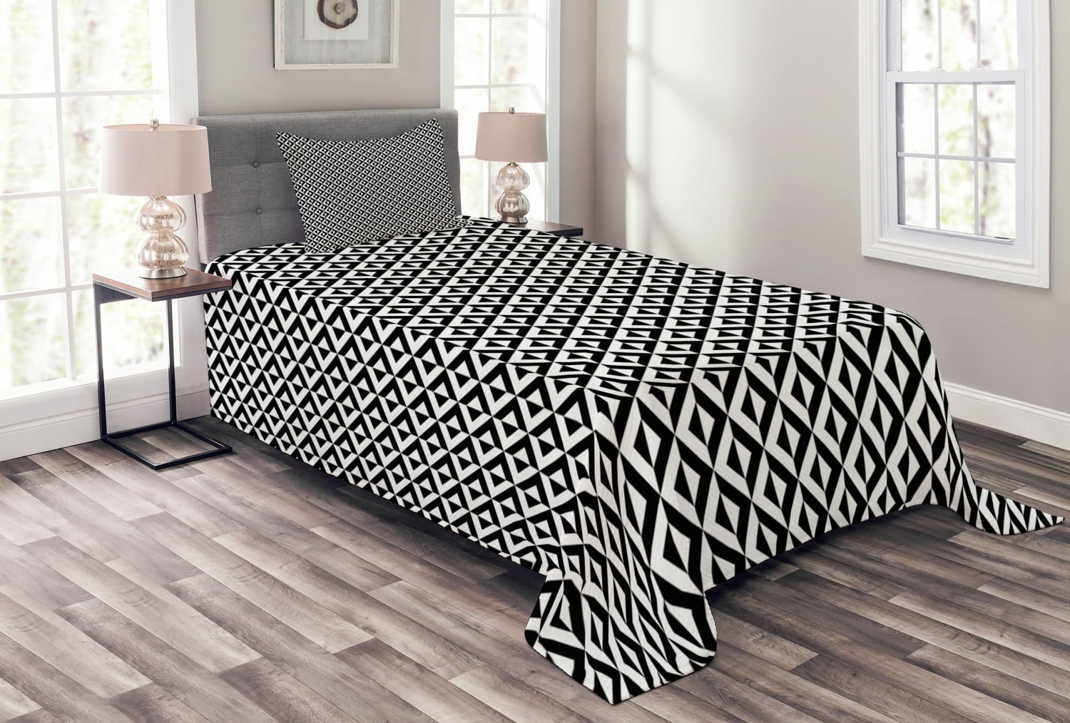 Geometric Bedspread Set, Monochrome Geometric Ornamental Squares with