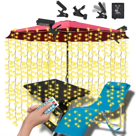 Dvkptbk Solar Lights Solar LED Curtain Light, 8 Modes,Ip68, Clip Type Solar Panel - USB Chargeable + Remote Control (Mode Display/Power Display) Soft Light Strip, Outdoor Lighting & Ceiling