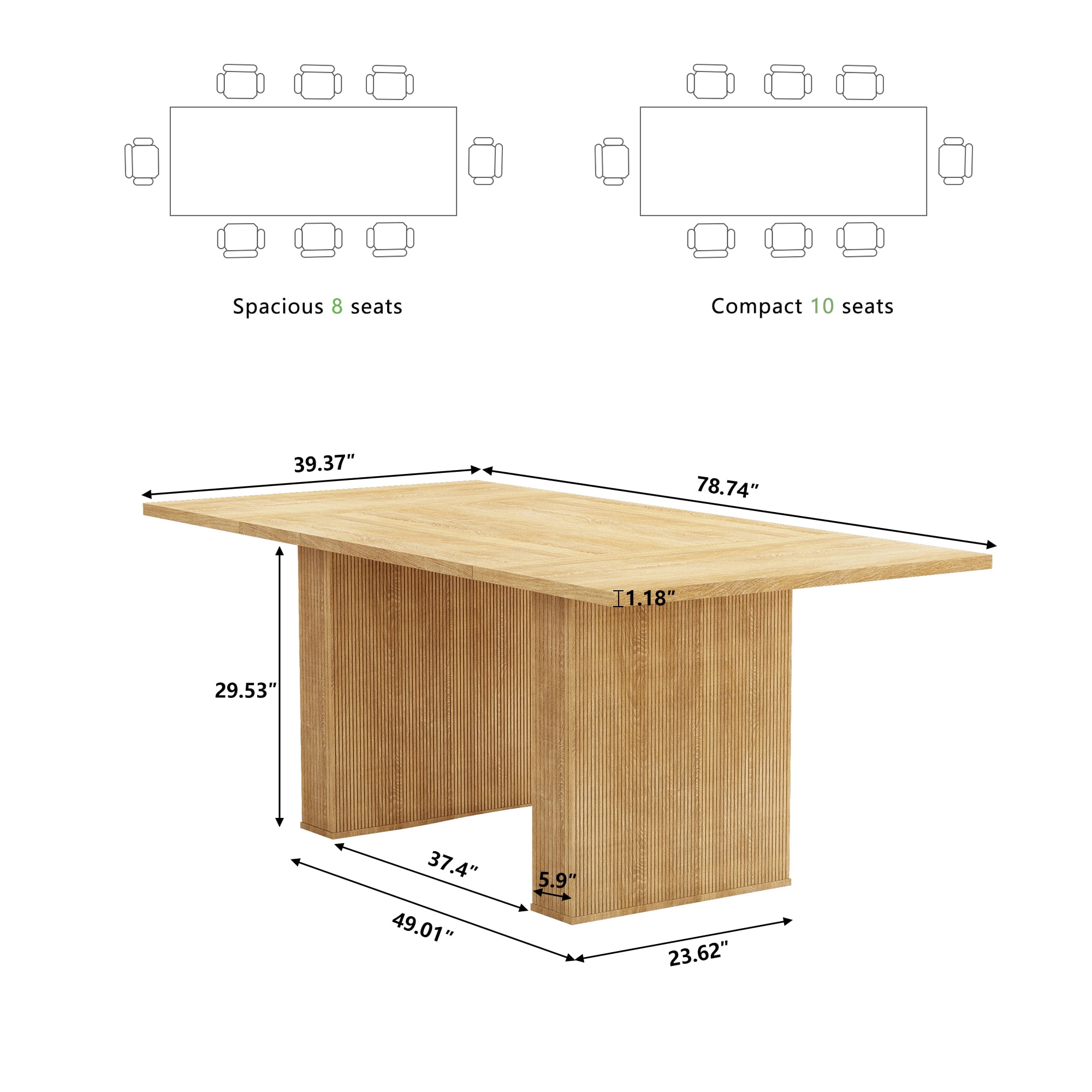 PHOYAL Beige Rectangle Dining Table for 6-8, Farmhouse Large Dining Table with Double Pedestal, 78.74"L, 39.37"W