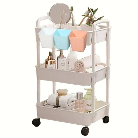 3-Tier Rolling Utility Cart with Wheels, Mesh Storage Organizer with Hanging Cups, Heavy Duty Rolling Craft Cart for Kitchen, Bathroom, and Office