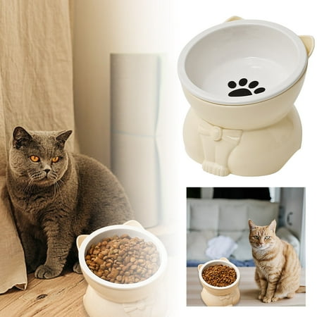 Ceramic Raised Cat Bowl Food and Pet Water Dish for Vomiting Prevention Spinal Support Suitable Small Dogs Faced Felines White 10.5x12cm