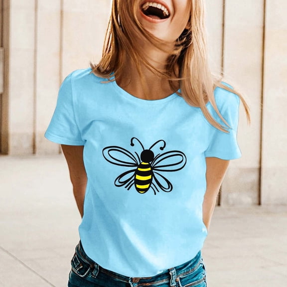 Graphic Tees for Women's T-Shirts Short Sleeve O Neck Top for Everyday Wear Lightweight Casual Tee Stylish Graphic Print Comfortable Versatile Women’s Apparel Blue XL