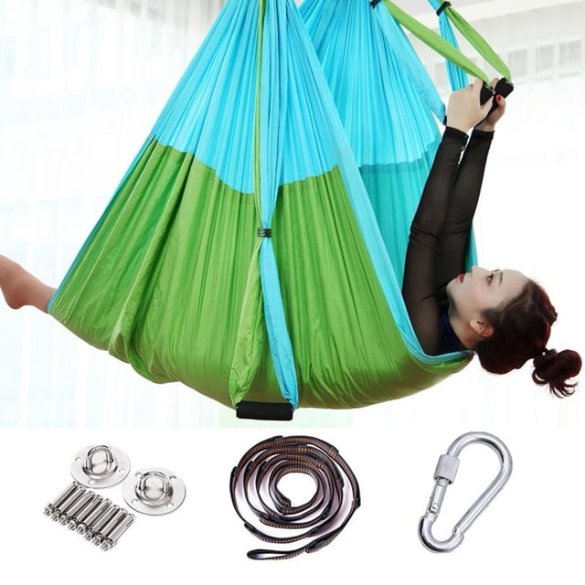 2.5*1.5m Anti-Gravity Yoga Hammock Flying Swing Aerial Traction Device Swing Trapeze Set Home Gym Hanging BeltDouble Blue1 He Qiyong unisex