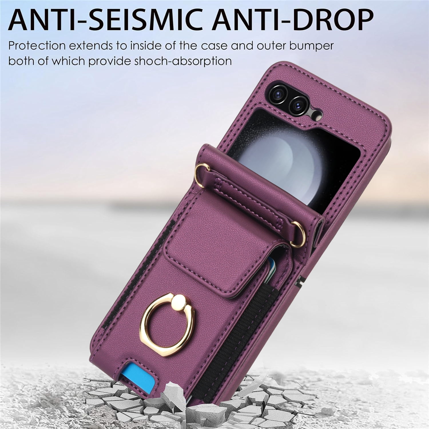 for Motorola Razr 60/Razr 2025 Case, Retro PU Leather Shockproof Protection Phone Case Wallet Built in Credit Card Slots Flip Cover Finger Ring Stand with Long Strap + Short Strap, Darkpurple