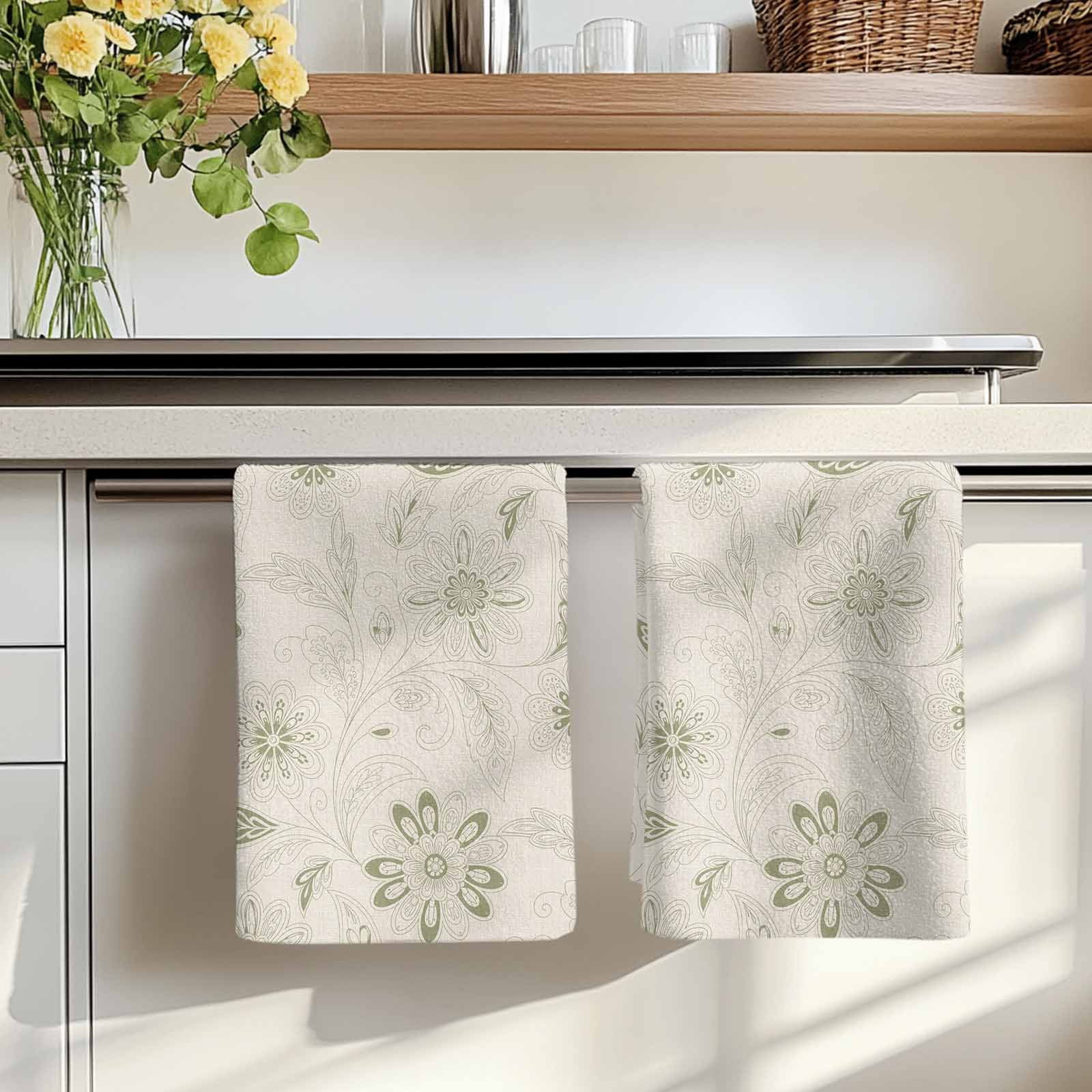 Dish Towels, Sage Green Paisley Pattern Absorbent Kitchen Towels 2 PCS, Boho Tribal Vintage Flowers Microfiber Hand Towels Dish Cloths Tea Towels for Home&nbsp;Bathroom Cleaning Drying,18X28-Inch,