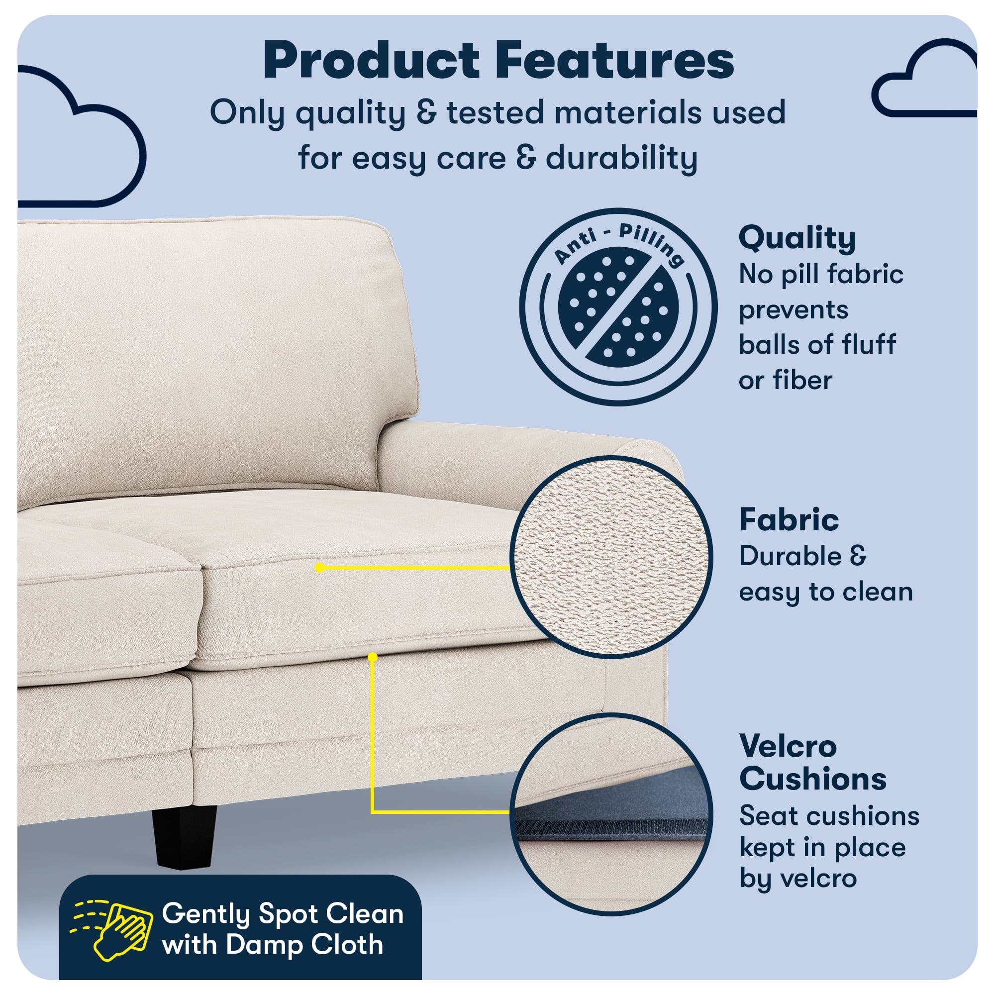 Serta Copenhagen 73" Rolled Arm Sofa, Easy Care Polyester, Loveseat or Couch for Small Spaces, Cream White