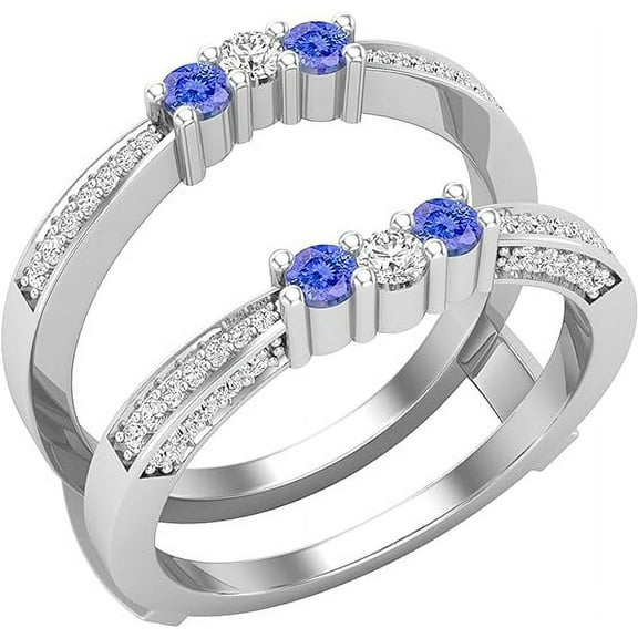 beryl_creation 2.30 Ct Round Cut Blue Tanzanite & Diamond Wrap Guard Enhancer Engagement Wedding Ring 925 Sterling Silver 14K White Gold Finish For Women's -7.5