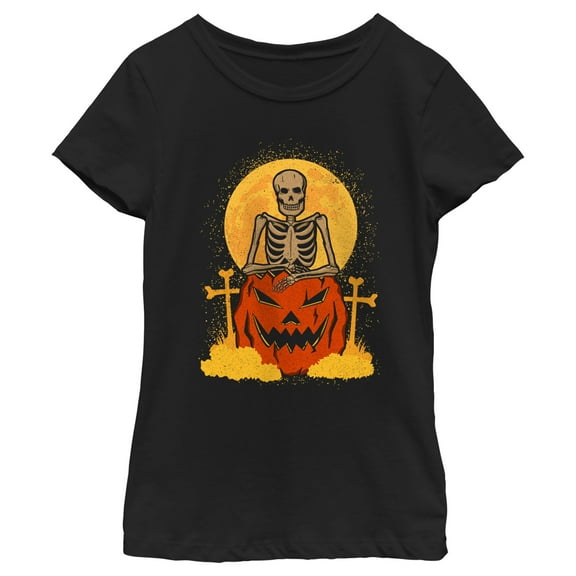 Girl's Lost Gods Halloween Skeleton and Jack-O'-Lantern  Graphic Tee Black Medium