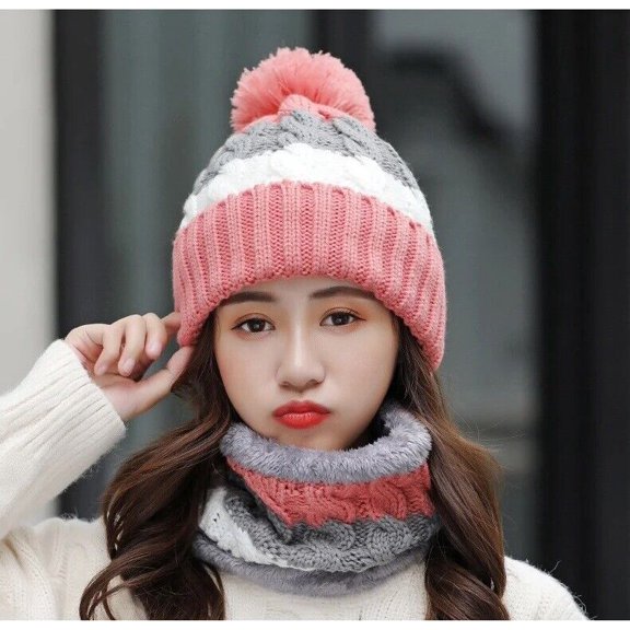 LiLiang Women Winter Knit Beanie Hat and Scarf Set Girls Cute Thick Fleece Warm Skull Cap with Pom