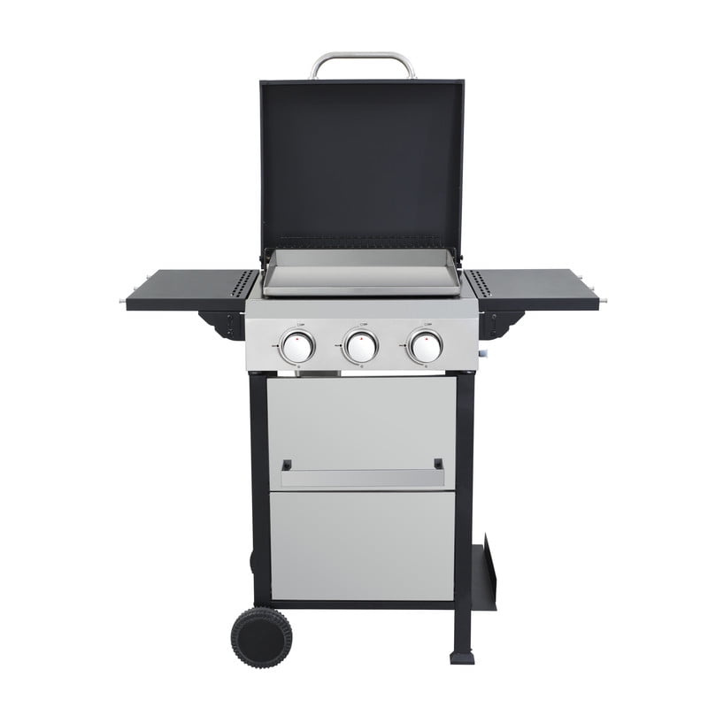 3-Burner Propane Gas BBQ Grill, SS Plancha, 36900BTU Output With Wire Enamel Cooking Grids For Outdoor Barbecue, Foldable Side Table, Hanging Basket, Stainless Steel