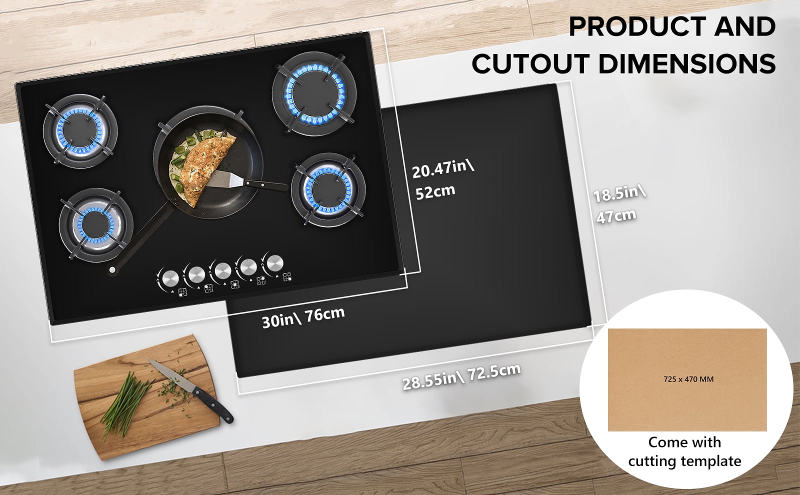 TYEMUI 30 Inch Gas Cooktop 5 Burners, Tempered Glass Built-in Gas Stove Top with Heavy-Duty Cast Iron Grates, NG/LPG Convertible Gas Hob for Kitchen, RV, Outdoor Cooking