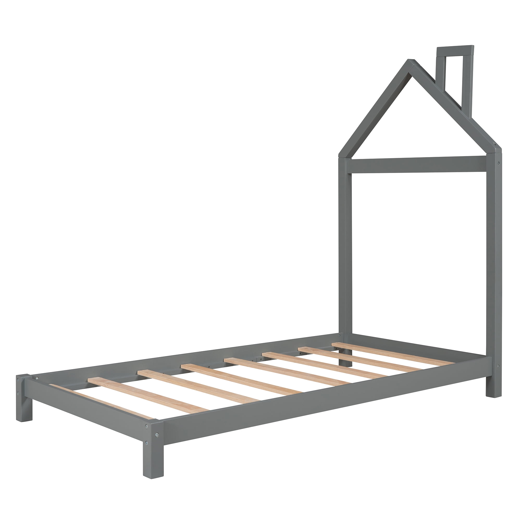 Gewnee Solid Wood Twin Size Platform Bed Frame with House Shaped Headboard for Kids Bedroom,Gray