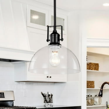 1-light Kitchen Pendant Light with Handblown Clear Glass Shade, Adjustable Rods Farmhouse Ceiling Lighting Fixture for Kitchen Island, Sink, Matte Black Finish, 10 in.