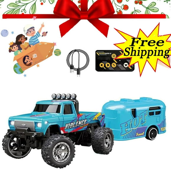 Rc Cars, Monster Truck Toys, 1:64 Scale Alloy, 2.4 Ghz Mini Rc Truck with Trailer, Mini Rc Monster Truck with Lights for Boys Gifts (Blue)