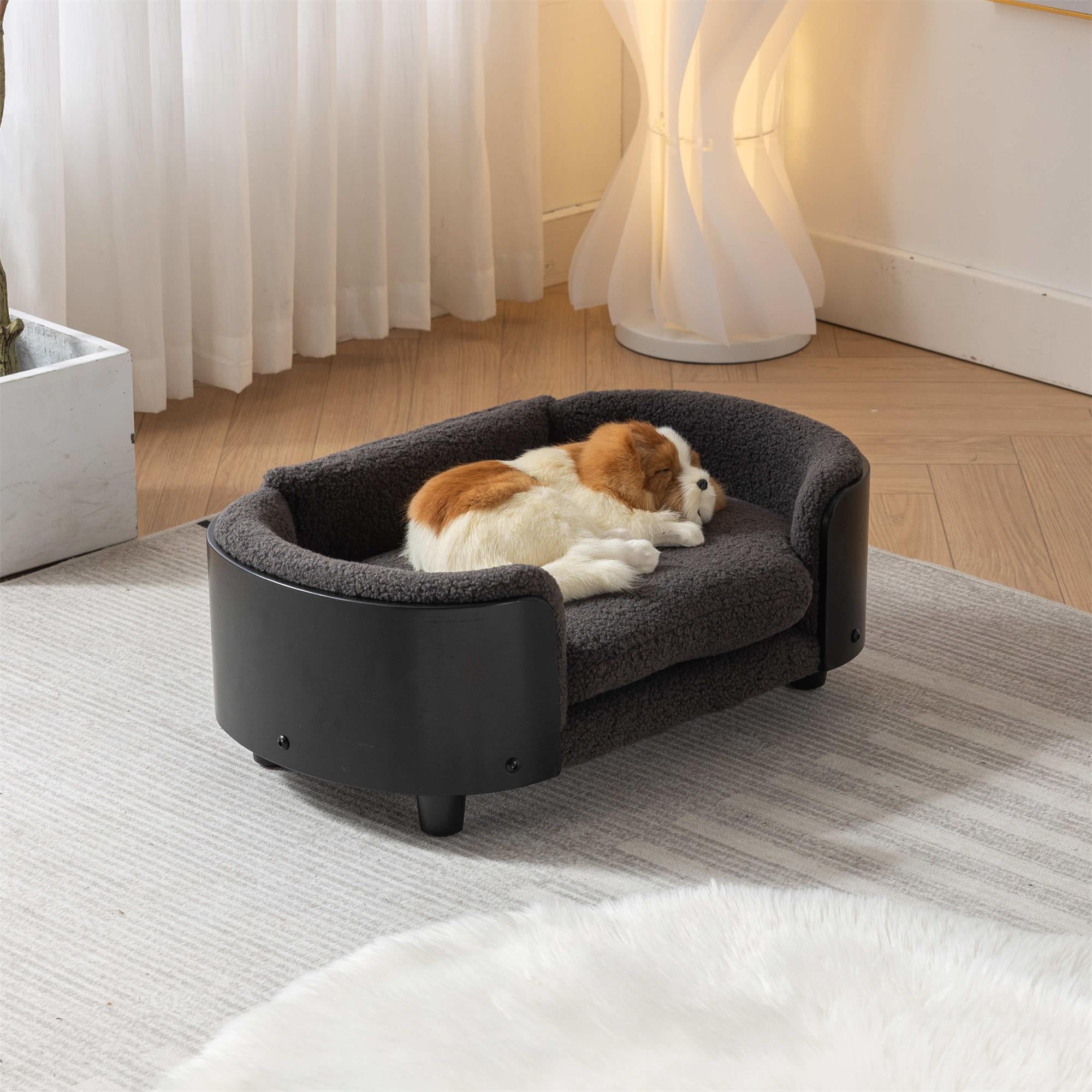 Pefilos 26" Pet Sofa for Indoors Dogs, Cat and Dog Bed with Solid Wood Legs and Black Bent Wood Back, Cashmere Cushion, Gray Pefilos 26" Pet Sofa for Indoors Dogs, Cat and Dog Bed with Solid Wood Legs and Black Bent Wood Back, Cashmere Cushion, Gray