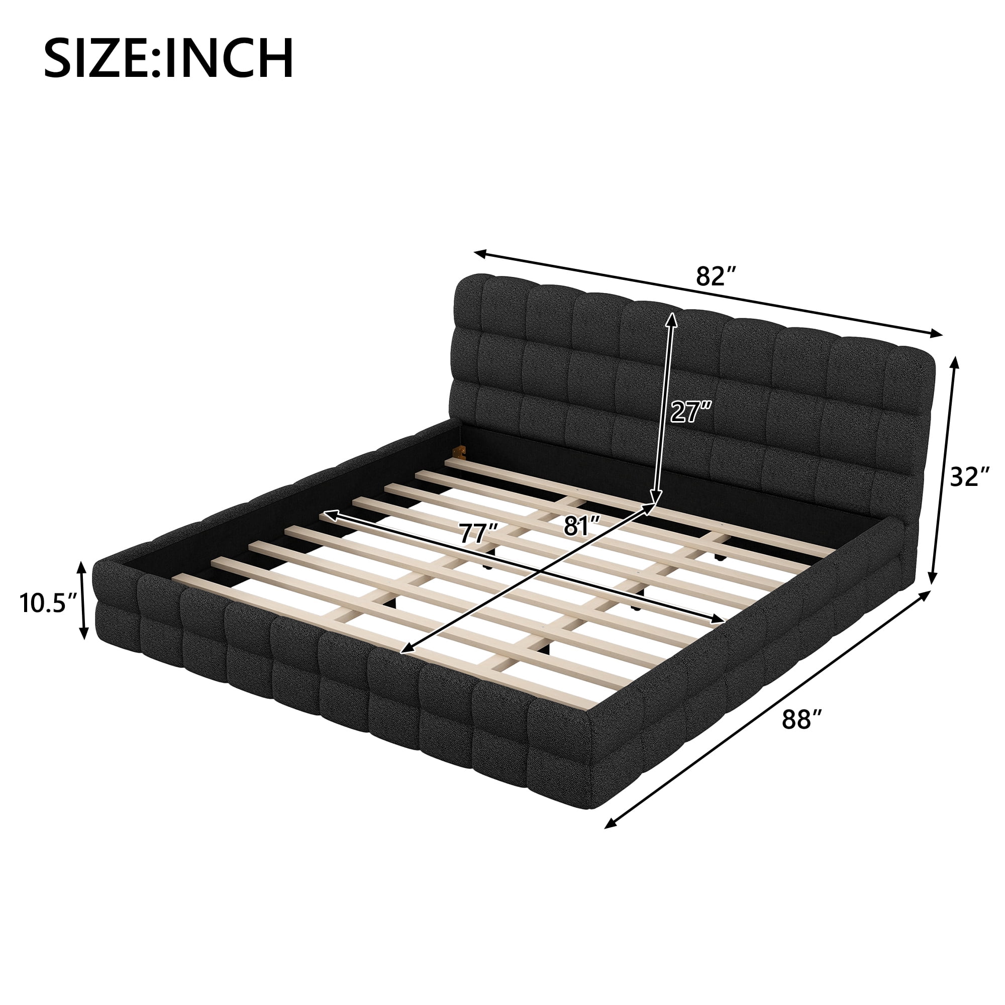Euroco Upholstered King Size Platform Bed, Black