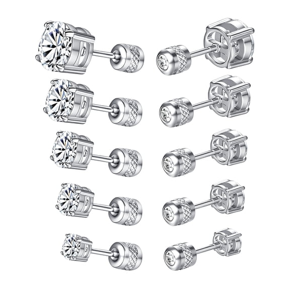 GEMSME Screw Back Stud Earrings for Women Stainless Steel Hypoallergenic Cubic Zirconia Earrings 18k White Gold Plate 3-7MM Helix Earrings Set