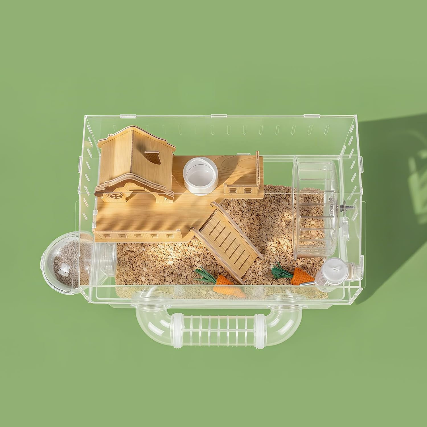 Clear Acrylic Hamster Cage, Dwarf Hamster Cage, Mouse Cage, Gerbil Cage - All-in-One Hamster Habitat with 18cm Silent Wheel, Tubes & Full Kit, 17.7×11.8×13.8" for Dwarf Hamsters, Mice, Gerbils