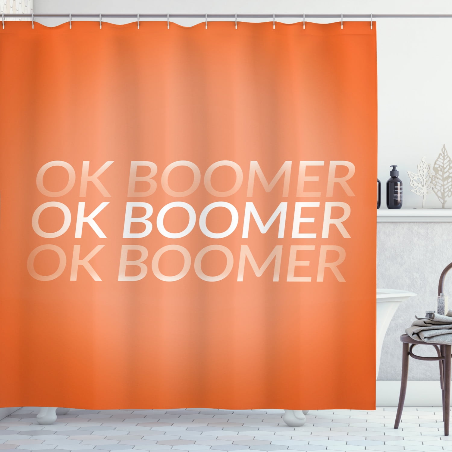 Ok Boomer Shower Curtain Modern Design Meme Phrase With Gradient Letters Funny Illustration Fabric Bathroom Set With Hooks 69w X 75l Inches Long Orange Peach And White By Ambesonne Walmart Com