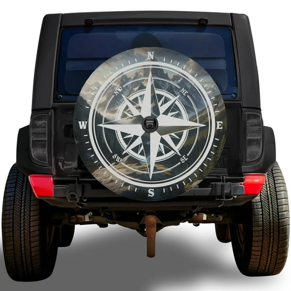Lotusprinthandmade Compass Mountain Spare Tire Cover With Backup Camera Hole 6 Sizes (27 in.), compass design wheel cover, mountain landscape tire cover