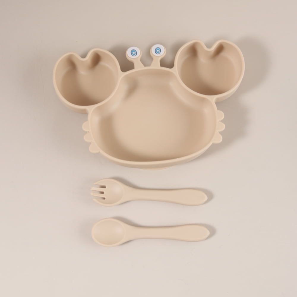 Cute Crab Shaped Silicone Baby Plate with Strong Suction - BPA Free Divided Feeding Bowl Set with Fork & Spoon for Toddlers