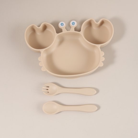 Cute Crab Shaped Silicone Baby Plate with Strong Suction - BPA Free Divided Feeding Bowl Set with Fork & Spoon for Toddlers