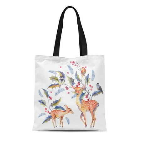 Ugh Store KDAGR Canvas Tote Bag Watercolor Christmas Holly Berries Leaves Spruce Branches Birds Reusable Shoulder Grocery Shopping Bags Handbag ()