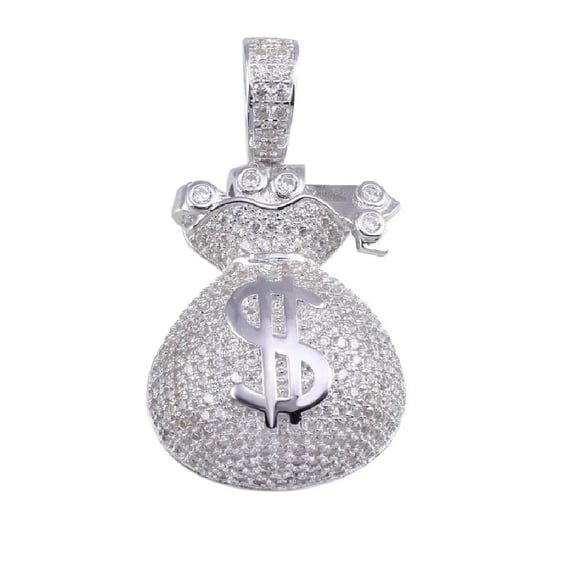 Sterling Silver Money Bag Hip Hop Pendant w/Micro Pave CZ Stones