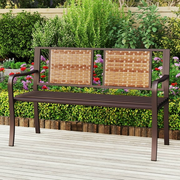 Costway Patio Garden Bench Steel Frame Rattan Backrest Park Yard Outdoor Porch Furniture