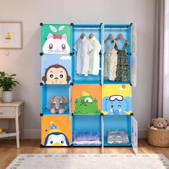 EDOEMSE 4-Layer 12-Grid 2-Hanging Rod Magic Cube Wardrobe with Animal Pattern Blue Door, Plastic & Steel Wire Modular Kids Clothes Storage Cabinet, 55.12" H