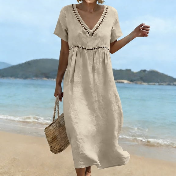 ClodeEU Women's Linen Blend V Neck Short Sleeve Tiered Ruffle Midi Dress,Casual Loose Boho Beach Sundress Beige,Women's Plus L